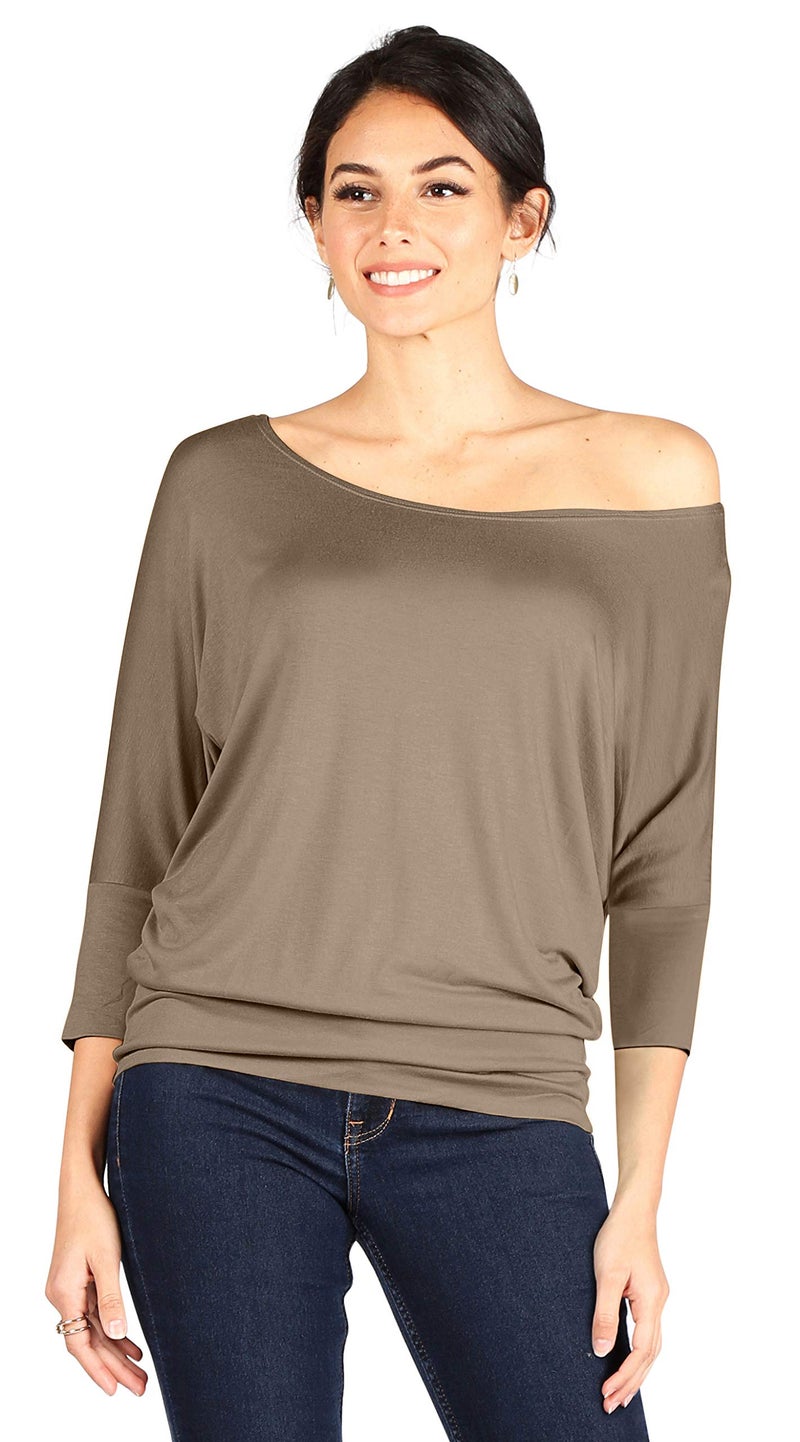 Simlu Womens Jersey Off the Shoulder Sweater Top Round Scoop Neck,H. Beige,Small - Image 2